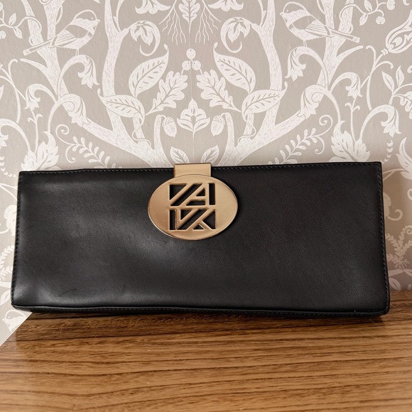 Vintage Handbags - Anne Klein Vintage Black Smooth Leather Medallion Framed Clutch Gold Hardware